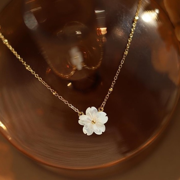 Moon Goddess Emporium Jewelry - Bohemian Sakura Blossom Seashell Carved Pendant 18K Gold Beaded Chain Necklace